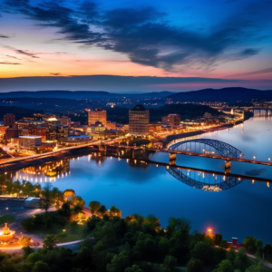 Skyline of Chattanooga at dusk, showcasing city lights against the backdrop of the Appalachian Mountains