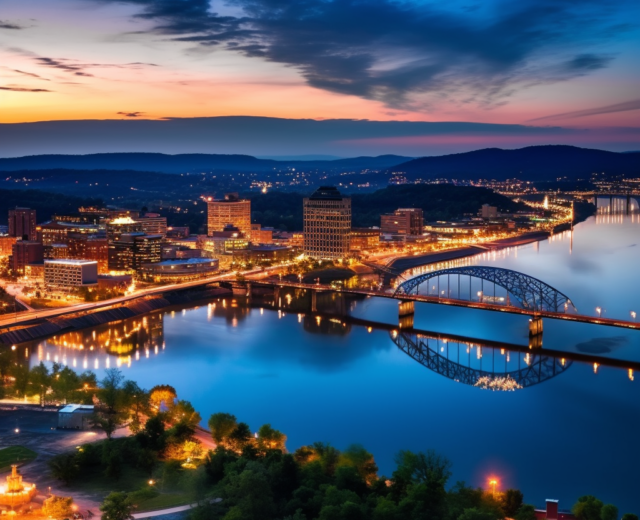 Skyline of Chattanooga at dusk, showcasing great living in Chattanooga and city lights against the backdrop of the Appalachian Mountains